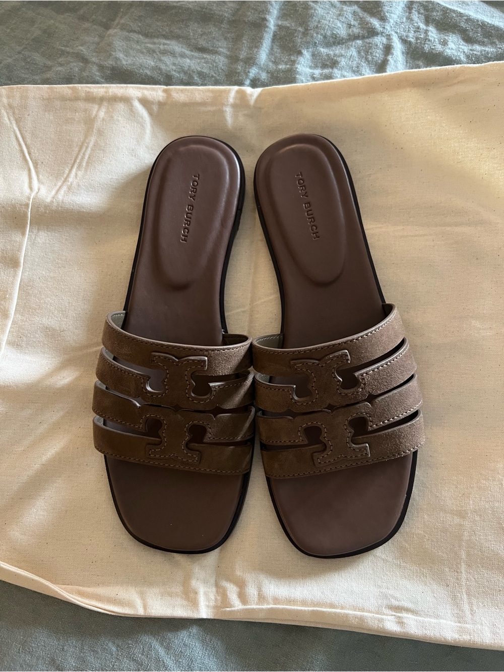 Tory Burch cage slide suede sandals in wild mushroom color